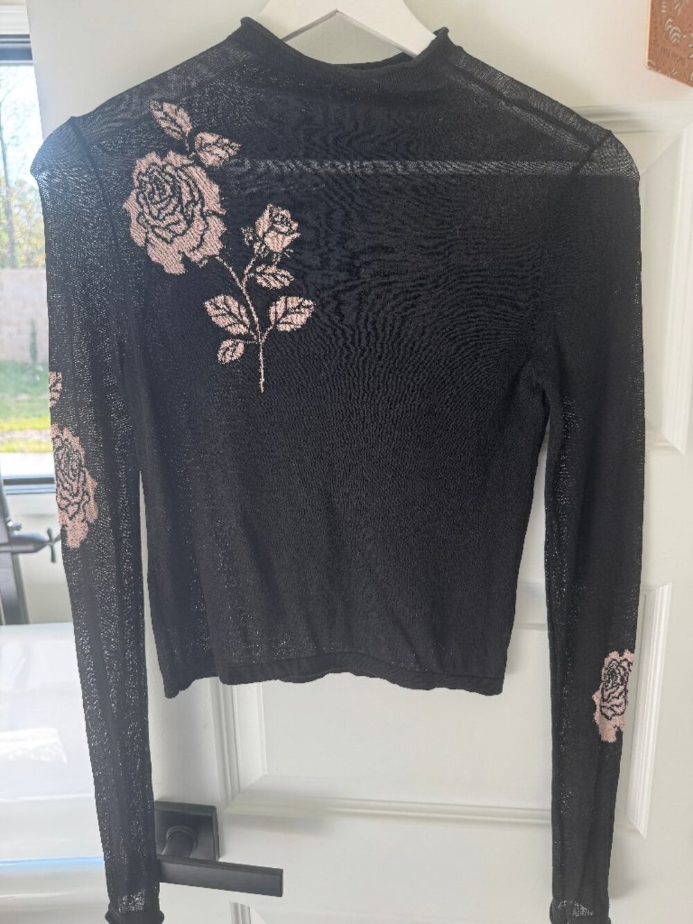 Maeve Anthropologie Black Sheer Mock Neck Top Pink Rose Embroidery XXS